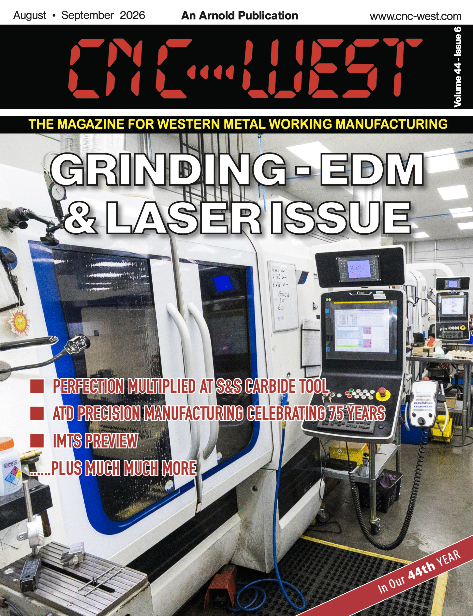 front cover image of a grinder and the cnc west magazine logo